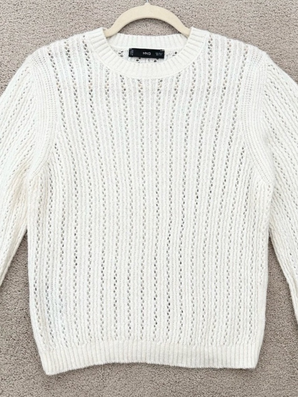 Mango Cream Open Knit Lightweight Fall Crewneck Sweater - Layering